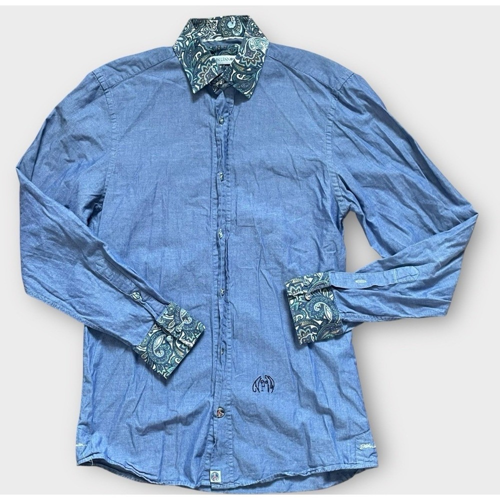 John Lennon Button Up Shirt Mens Small Blue Paisley Flip Cuff‎ Beatles 60's Mod